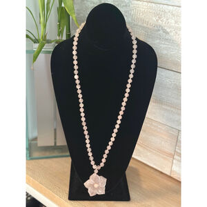 Vintage Rose quartz 30” long necklace with carved flower pendant